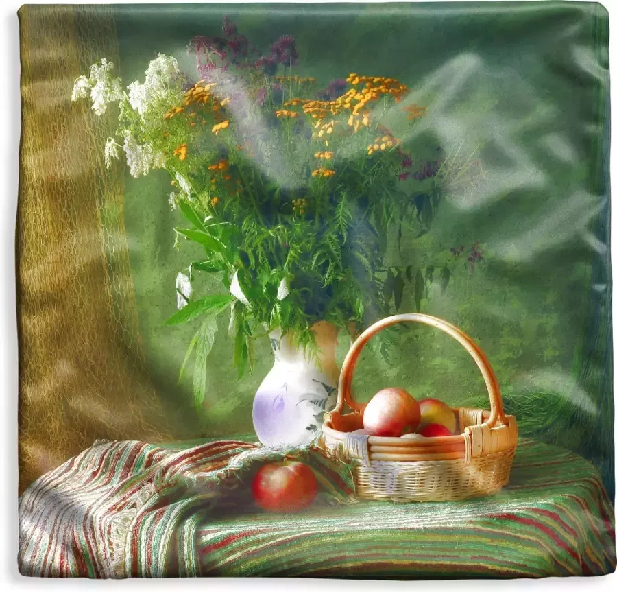 PillowMonkey Kussenhoes 40x40 cm Stilleven Bloemen Appel Mandje Tafel Schilderij Katoen Polyester Voor Binnen