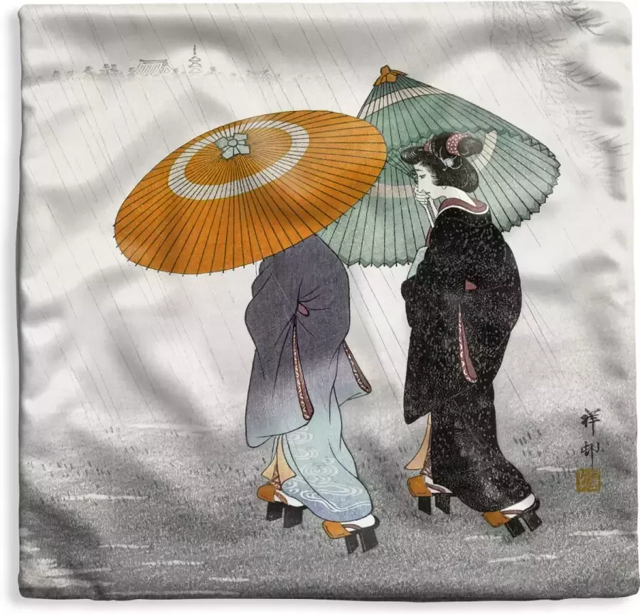 PillowMonkey Kussenhoes 40x40 cm Vrouwen Parasol Kimono Japandi Vintage Katoen Polyester Voor Binnen