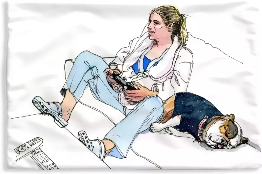 PillowMonkey Kussenhoes 50x30 cm Vrouw Gamen Hond Bank Katoen Polyester Voor Binnen