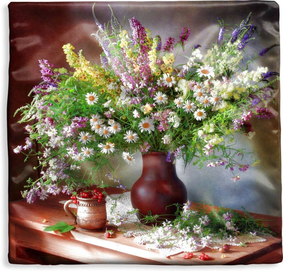 PillowMonkey Kussenhoes 50x50 cm Bloemen Tafel Stilleven Boeket Vaas Katoen Polyester Voor Binnen