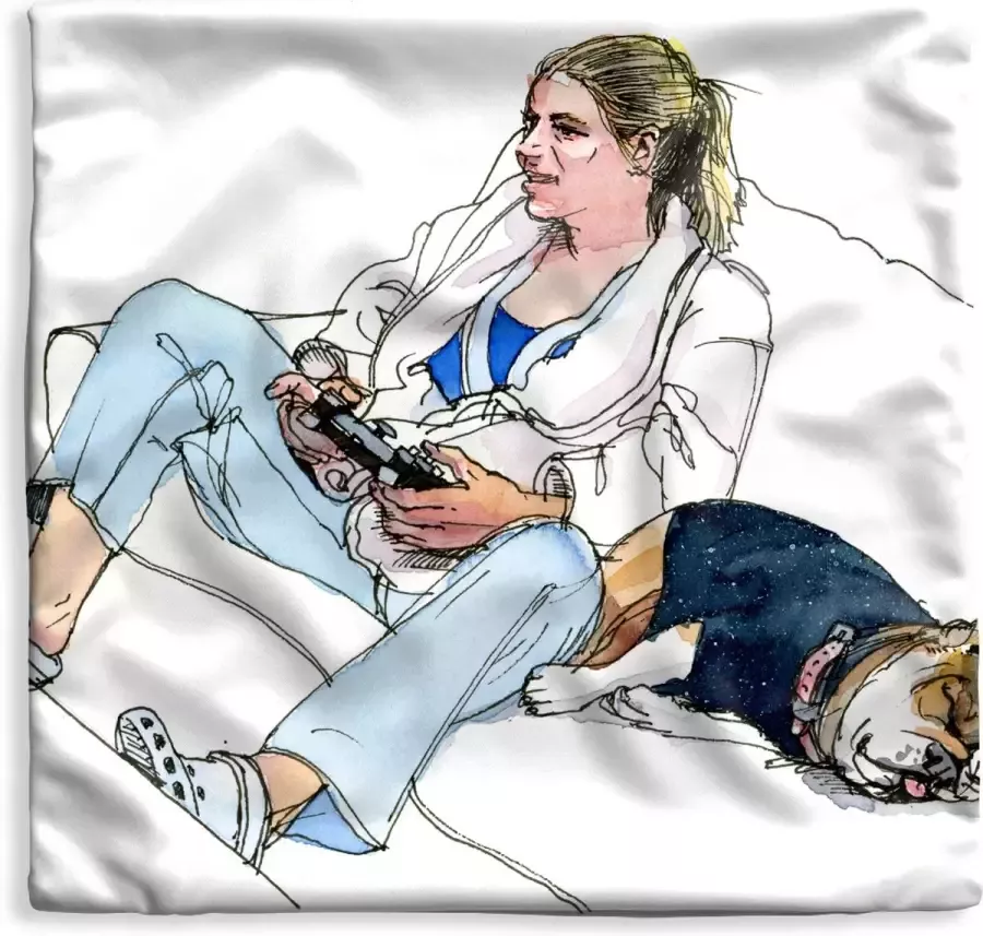 PillowMonkey Kussenhoes 50x50 cm Vrouw Gamen Hond Bank Katoen Polyester Voor Binnen