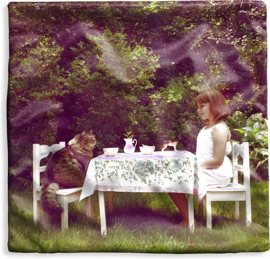 PillowMonkey Kussenhoes 60x60 cm Meisje Kat Tafel Katoen Polyester Voor Binnen