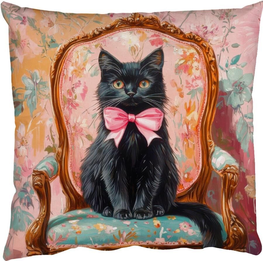 PillowMonkey Sierkussens Kussentjes Woonkamer 50x50 cm Kat Roze Stoel met bloemenmotief
