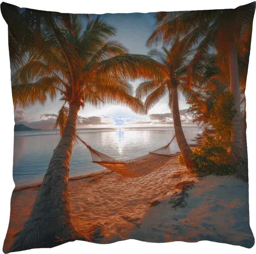 PillowMonkey Sierkussens Kussentjes Woonkamer 50x50 cm Palmbomen Hangmat Strand Zonsondergang