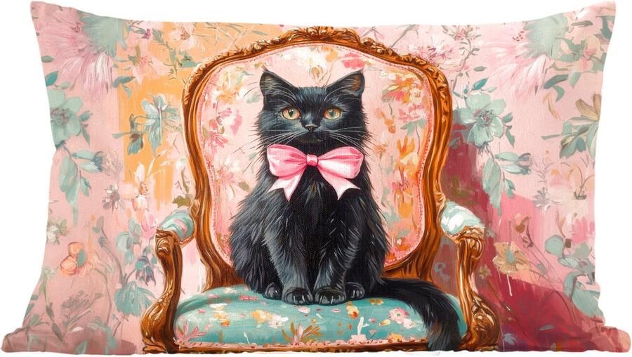 PillowMonkey Sierkussens Kussentjes Woonkamer 50x30 cm Kat Roze Stoel met bloemenmotief