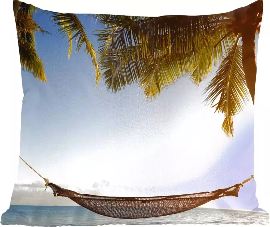 PillowMonkey Sierkussen Strand Hangmat Palmbomen Blauw 45 Cm X 45 Cm