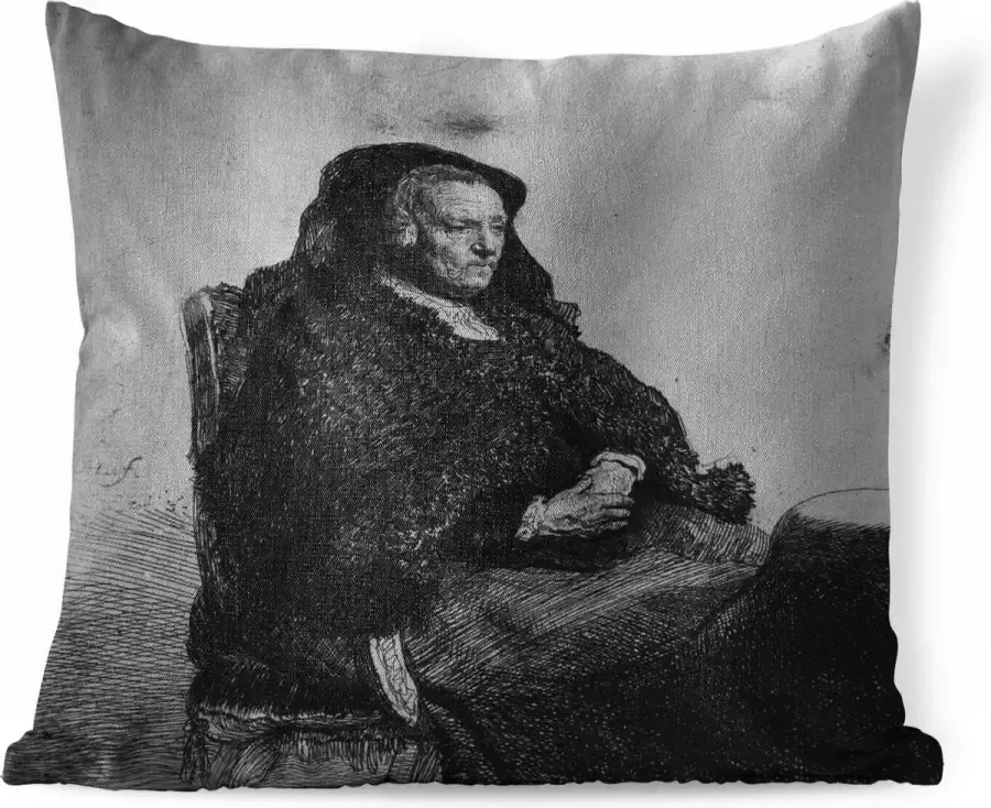 PillowMonkey Sierkussens Kussen Rembrandts moeder aan tafel schilderij van Rembrandt van Rijn in zwart wit. 45x45 cm Kussen van katoen