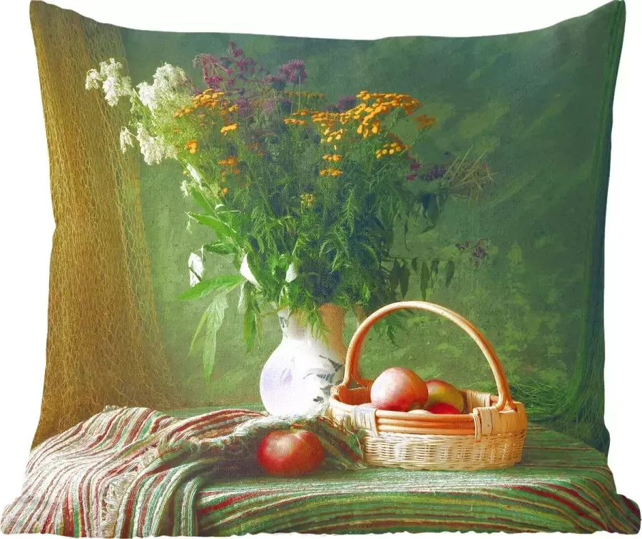 PillowMonkey Sierkussens Kussentjes Woonkamer 60x60 cm Stilleven Bloemen Appel Mandje Tafel Schilderij
