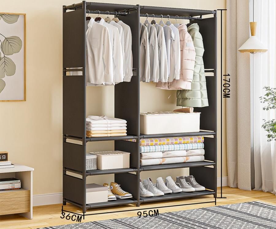 Pine&Paw Dubbele Stoffen Kledingkast met Opbergrekken 170 cm Hoog Zwart 95x36x170 cm