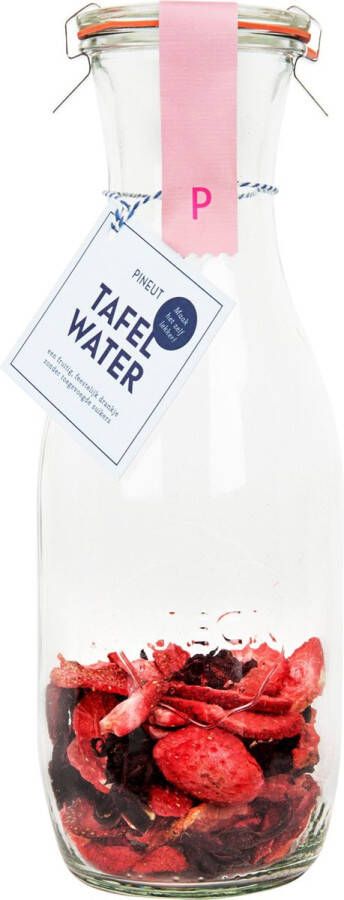Pineut Waterkaraf met Deksel Waterkan Glas 1L Tafelwater Aardbei & Hibiscus Hervulbaar Vaatwasserbestendig Origineel Cadeau Gezond & Gezellig Genieten