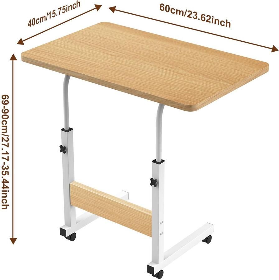 PIPIPOXER -Mobiele laptoptafel statafel computertafel bijzettafel roltafel werktafel voor kantoor bed bank 60 x 40 x 69-90 cm in hoogte verstelbaar houtkleur