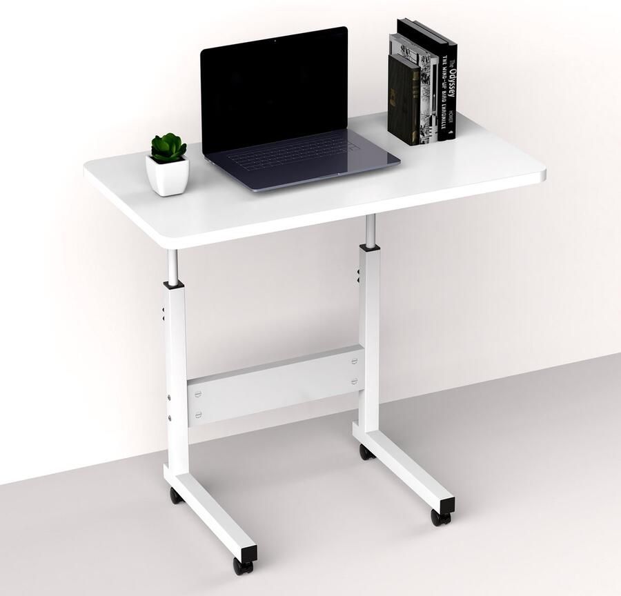 PIPIPOXER -Mobiele laptoptafel statafel computertafel bijzettafel roltafel werktafel voor kantoor bed bank 60 x 40 x 69-90 cm in hoogte verstelbaar wit