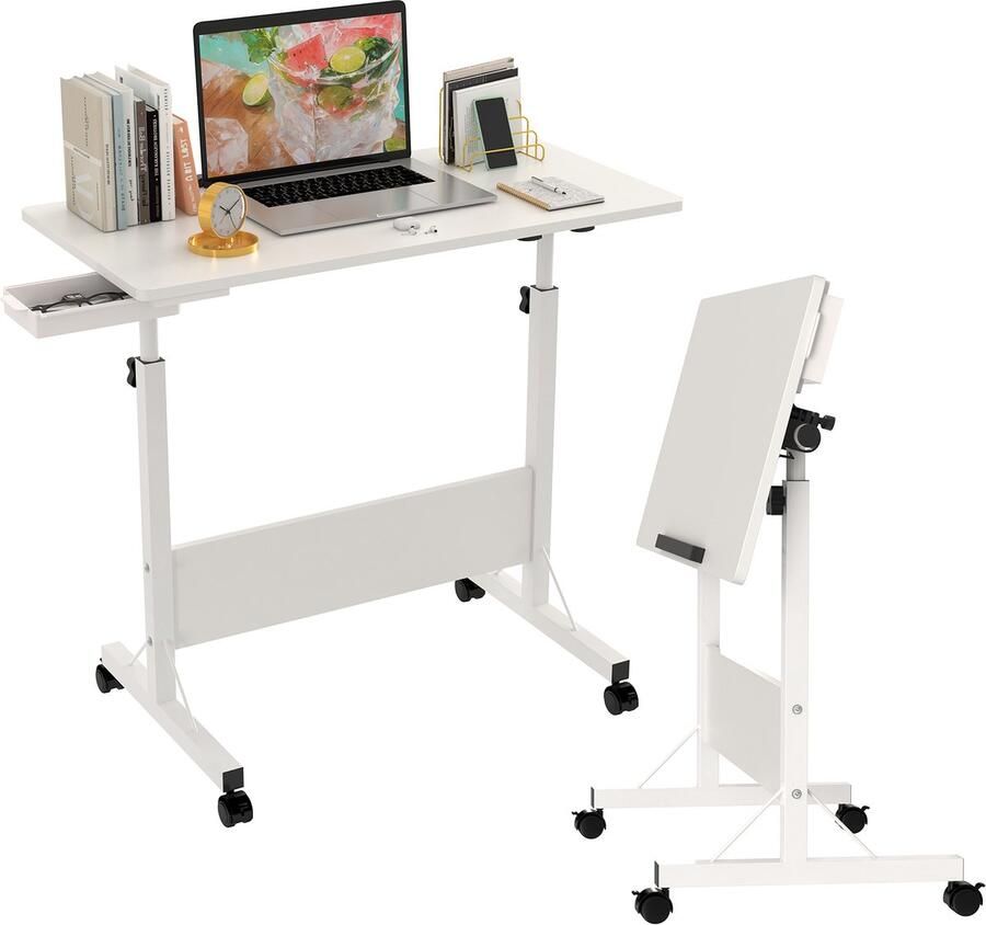 PIPIPOXER Opvouwbare Laptoptafel met wielen computertafel bijzettafel bureau mobiele statafel bedtafel in hoogte verstelbaar 80x40x64-89cm Wit