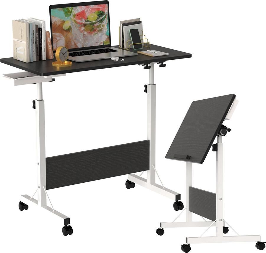 PIPIPOXER Opvouwbare Laptoptafel met wielen computertafel bijzettafel bureau mobiele statafel bedtafel in hoogte verstelbaar 80x40x64-89cm Zwart