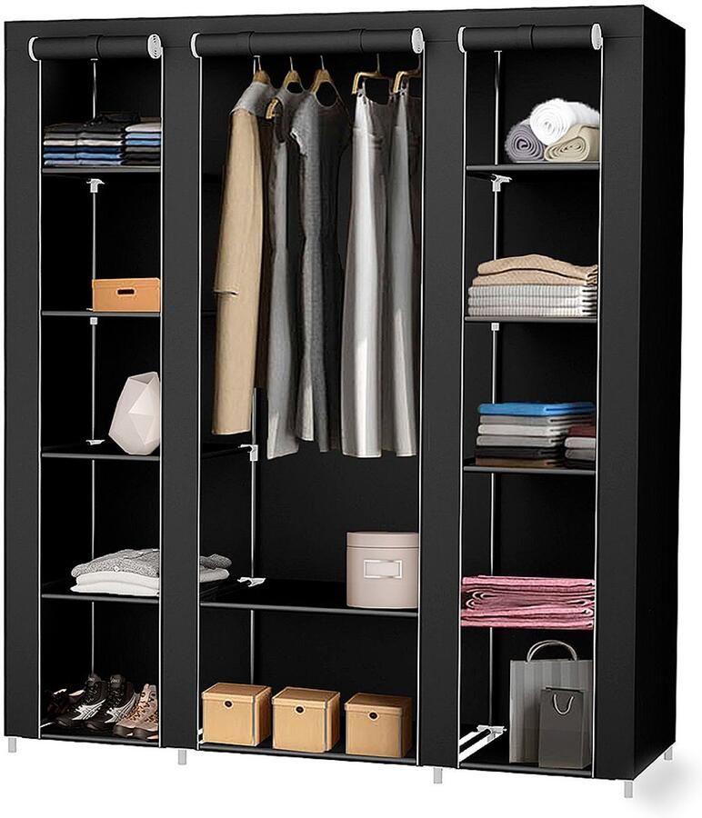 PIPIPOXER Stoffen kledingkast met deur textielkast stoffen kledingkast opvouwbare kledingkast campingkast zwart 175*150*45 cm