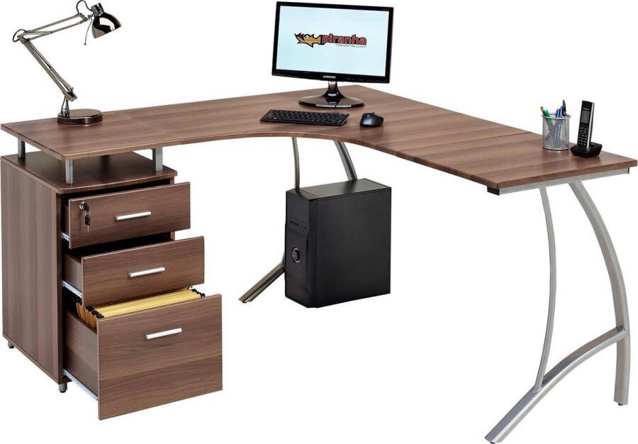 Piranha Furniture Piranha REGAL Hoekbureau Computerbureau Walnoot Omkeerbaar- Laden PC 28w