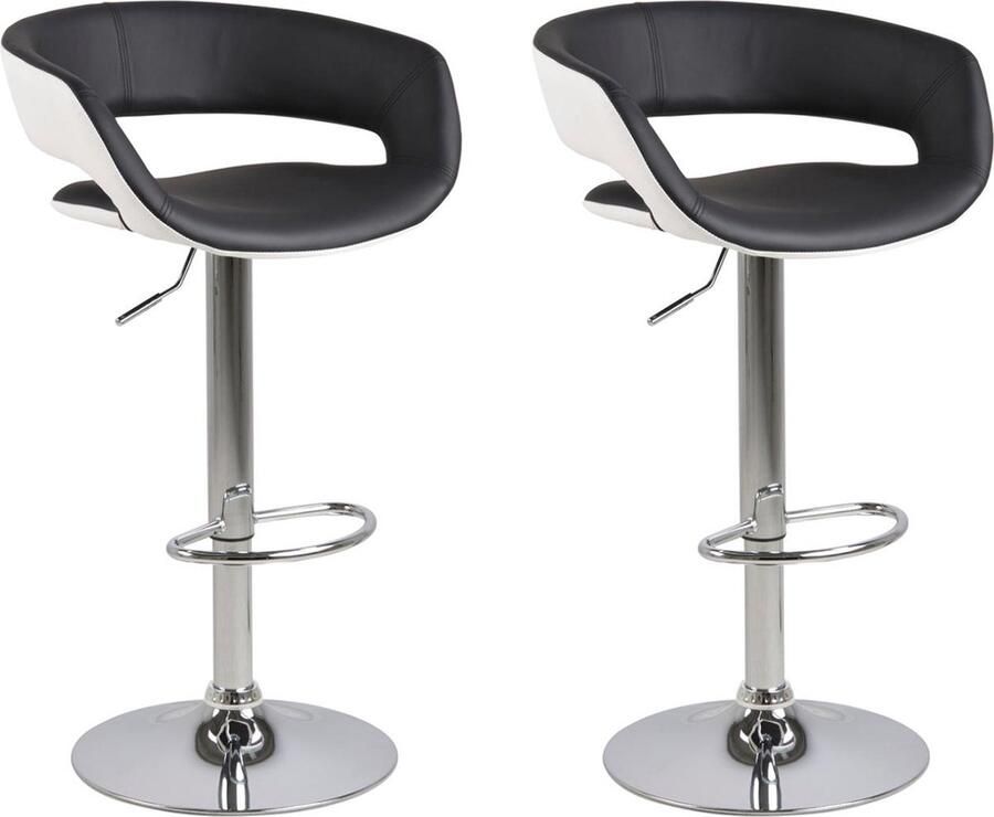 Hioshop 2 x Gramma barstoel in zwart wit PU kunstleer en chromen poot met gasveer.