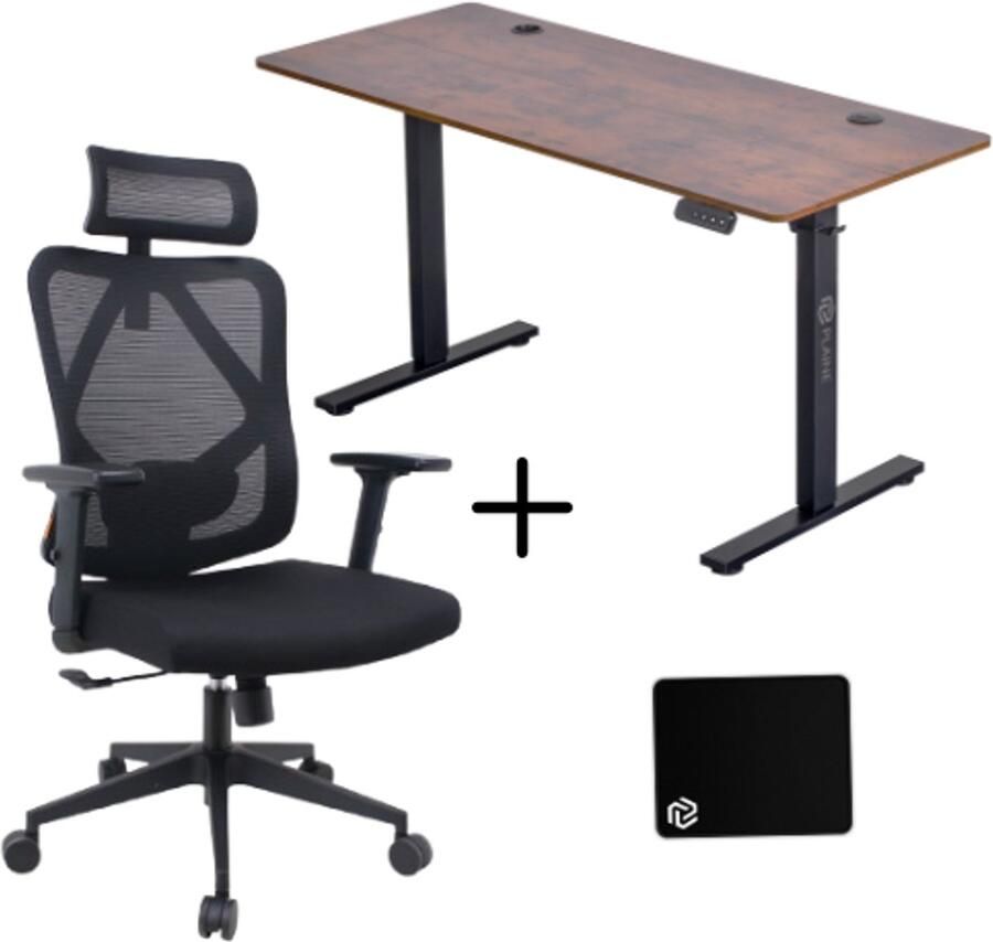 Plaine Zit-sta Bureau elektrisch verstelbaar + Ergonomische Bureaustoel & Muismat 140 x 60cm Rustic Bruin