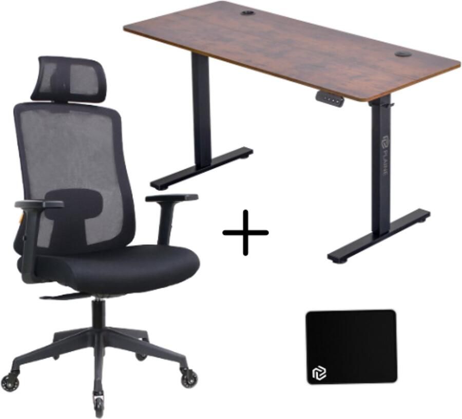 Plaine Zit-sta Bureau elektrisch verstelbaar + Ergonomische Bureaustoel & Muismat 140 x 60cm Rustic Bruin
