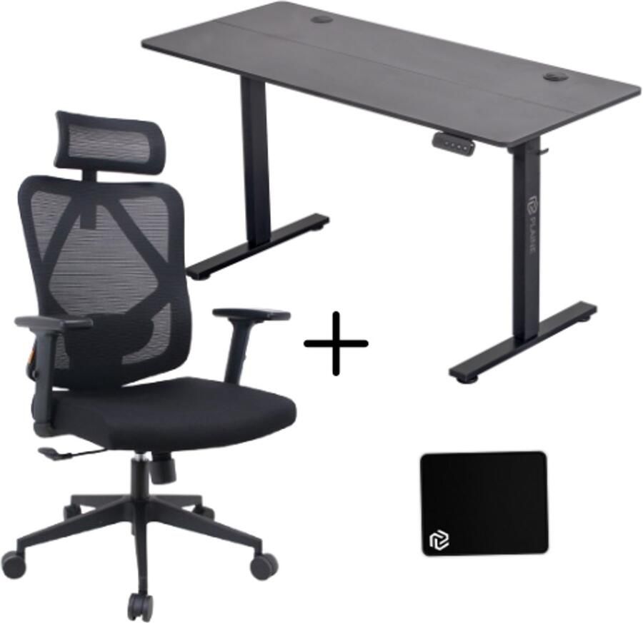 Plaine Zit-sta bureau elektrisch verstelbaar + Ergonomische Bureaustoel & Muismat Zwart Zwart 140x60cm Thuiswerkplek