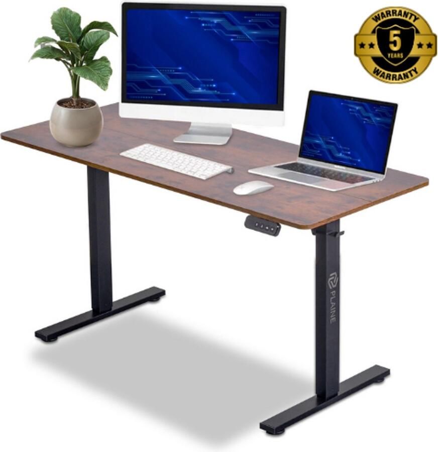 Plaine Zit Sta Bureau Elektrisch Verstelbaar Incl. Geheugen Standen Incl. Kabelgoot 140 x 60 cm Rustic Bruin