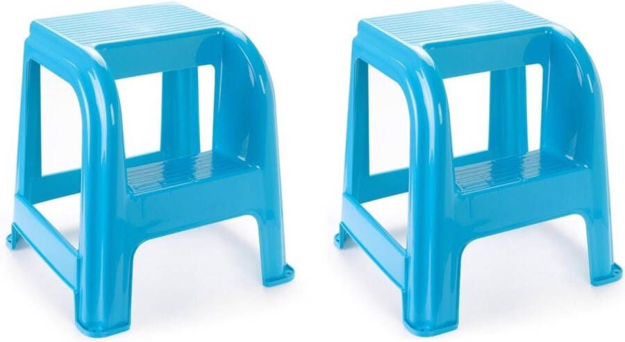 PLASTICFORTE 2x stuks lichtblauw keukenkrukje opstapje met 2 treden 45 cm Keuken badkamer krukjes opstapjes