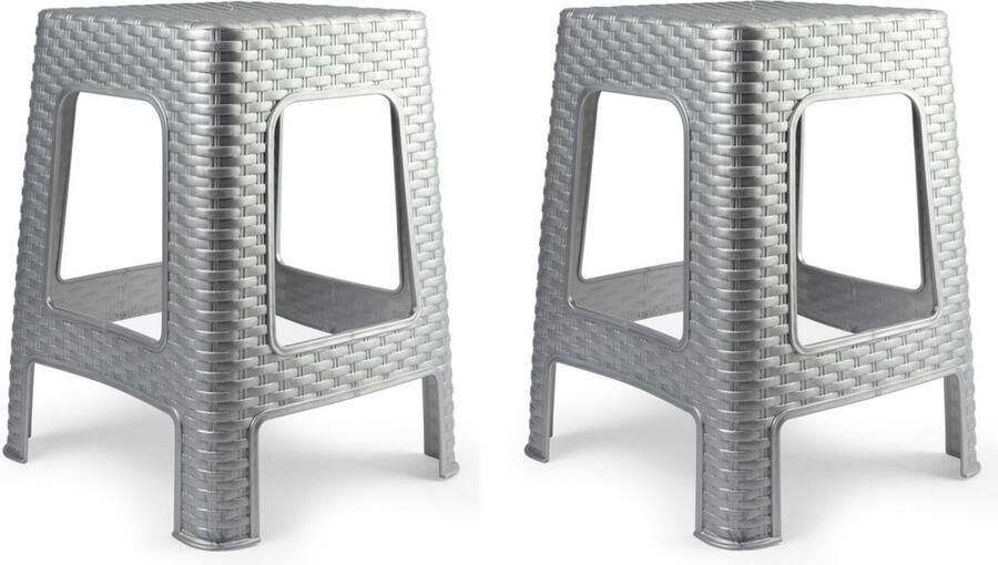 PLASTICFORTE zit bijzet krukje 2x Rotan line zilvergrijs kunststof 36 x 36 x 45 cm opstapje