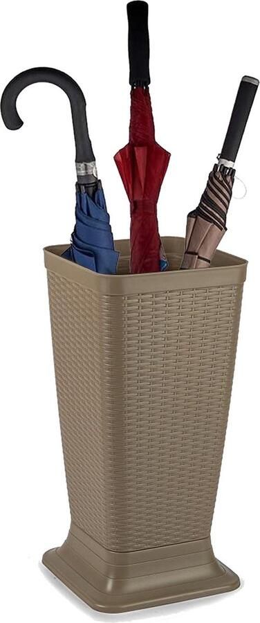 PLASTICFORTE Paraplubak parapluhouder beige rotan gevlochten kunststof D26 x H52 cm op verhoogde voet uitlekbak