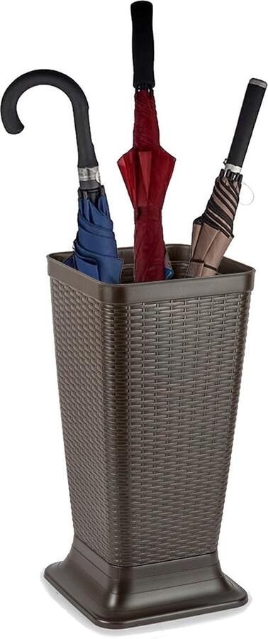 PLASTICFORTE Paraplubak parapluhouder bruin rotan gevlochten kunststof D26 x H52 cm op verhoogde voet uitlekbak