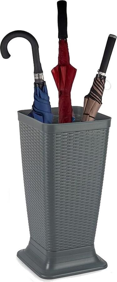 PLASTICFORTE Paraplubak parapluhouder grijs rotan gevlochten kunststof D26 x H52 cm op verhoogde voet uitlekbak