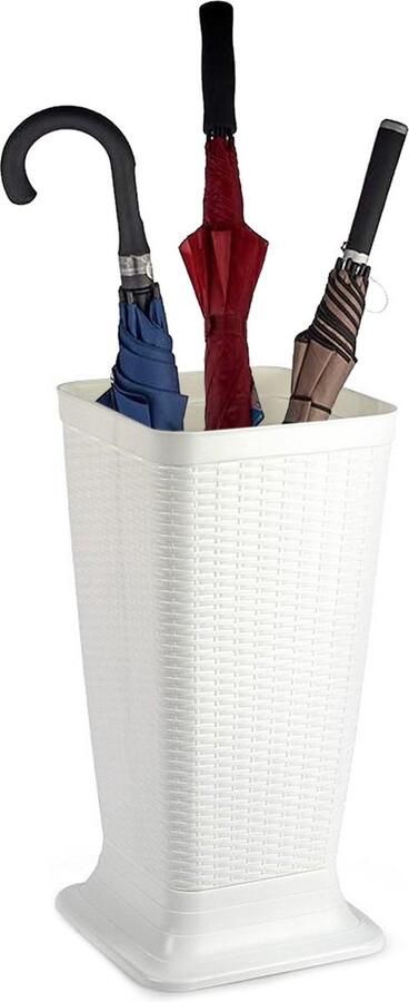 PLASTICFORTE Paraplubak parapluhouder ivoor wit rotan gevlochten kunststof D26 x H52 cm op verhoogde voet uitlekbak