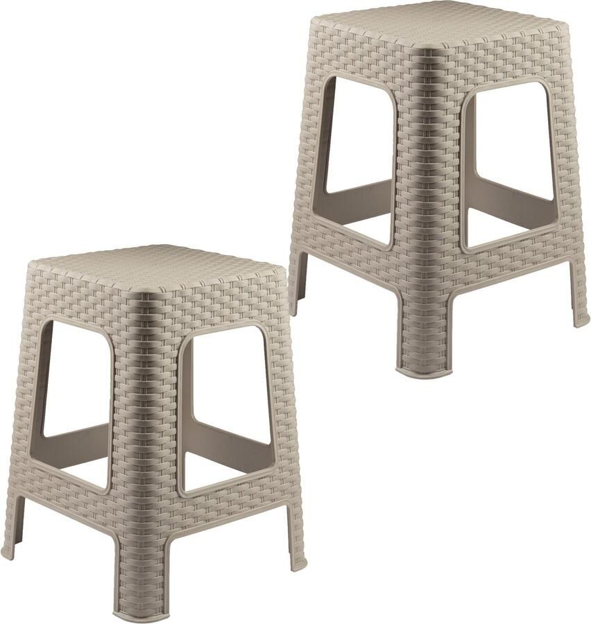 PLASTICFORTE Rotan opstapje zit krukje 2x kunststof beige 36 x 36 x 45 cm Keuken badkamer handige krukjes
