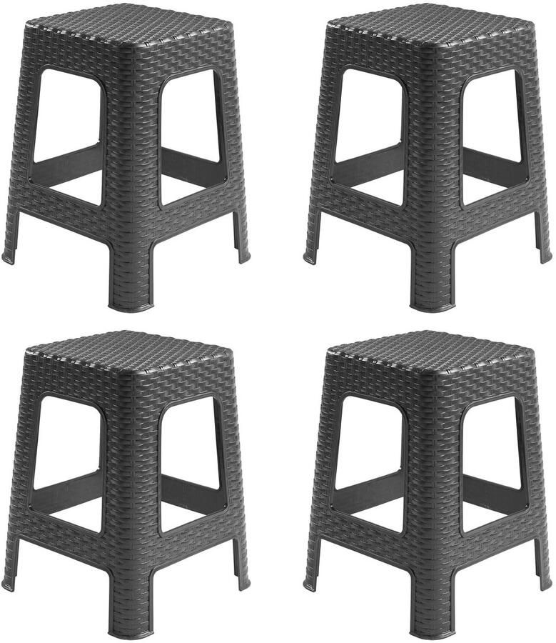 PLASTICFORTE Rotan opstapje zit krukje 4x kunststof zwart 36 x 36 x 45 cm Keuken badkamer handige krukjes
