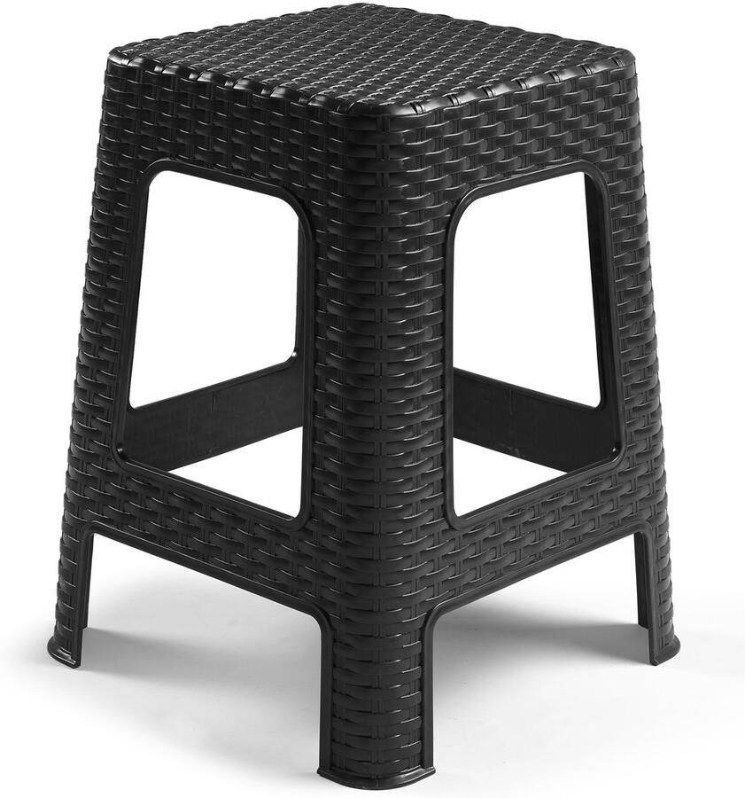 PLASTICFORTE Rotan opstapje zit krukje kunststof zwart 36 x 36 x 45 cm Keuken badkamer handige krukjes