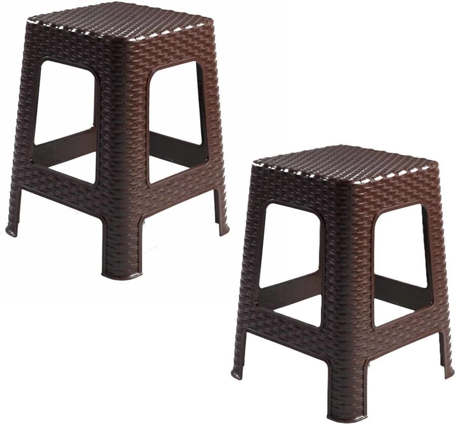 PLASTICFORTE Zit krukjes 2x bruin rotan kunststof 37 x 37 x 46 cm extra zitplaatsen