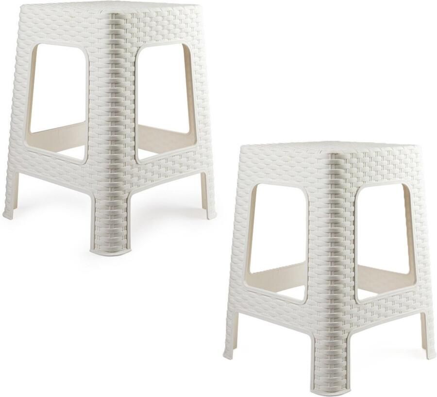 PLASTICFORTE Zit krukjes 2x wit rotan kunststof 37 x 37 x 46 cm extra zitplaatsen
