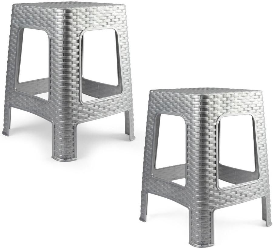 PLASTICFORTE Zit krukjes 2x zilvergrijs rotan kunststof 37 x 37 x 46 cm extra zitplaatsen