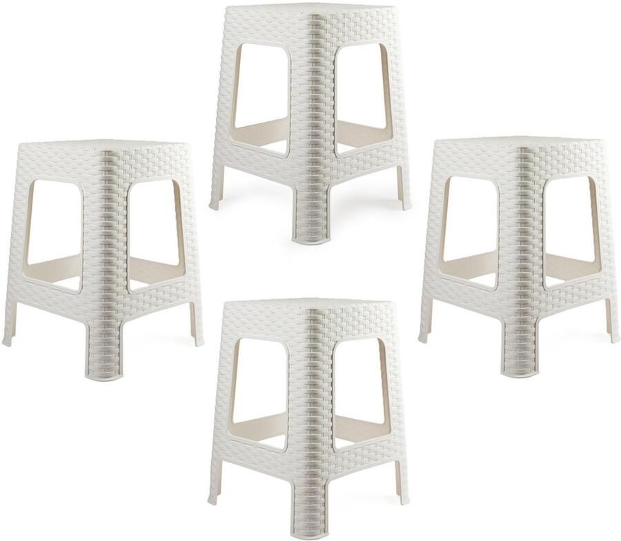 PLASTICFORTE Zit krukjes 4x wit rotan kunststof 37 x 37 x 46 cm extra zitplaatsen
