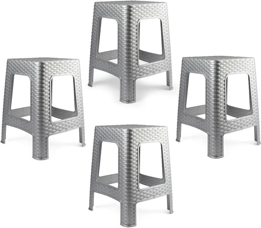 PLASTICFORTE Zit krukjes 4x zilvergrijs rotan kunststof 37 x 37 x 46 cm extra zitplaatsen