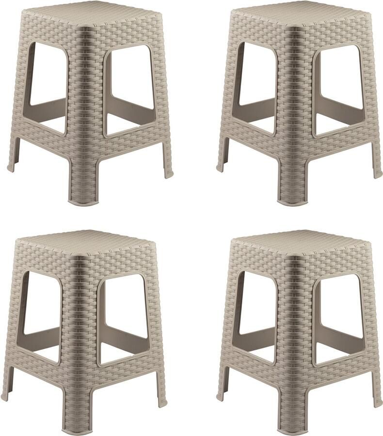 PLASTICFORTE Rotan opstapje zit krukje 4x kunststof beige 36 x 36 x 45 cm Keuken badkamer handige krukjes
