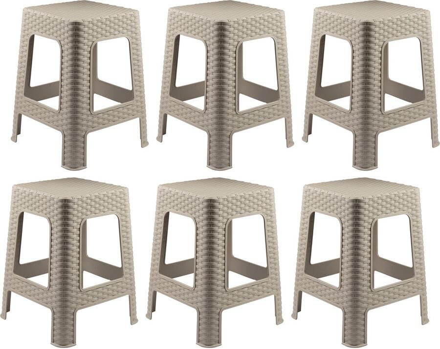 PLASTICFORTE Zit krukjes voor binnen en buiten 6x beige rotan kunststof 36 x 36 x 45 cm extra zitplaatsen