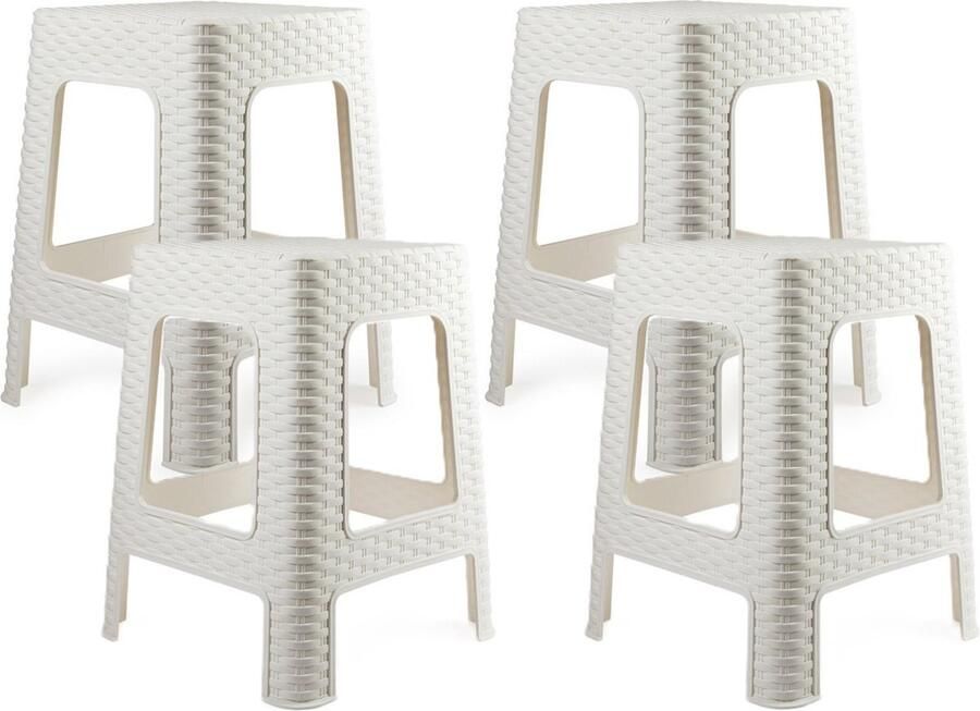 PLASTICFORTE zit bijzet krukje 4x Rotan line wit kunststof 36 x 36 x 45 cm opstapje