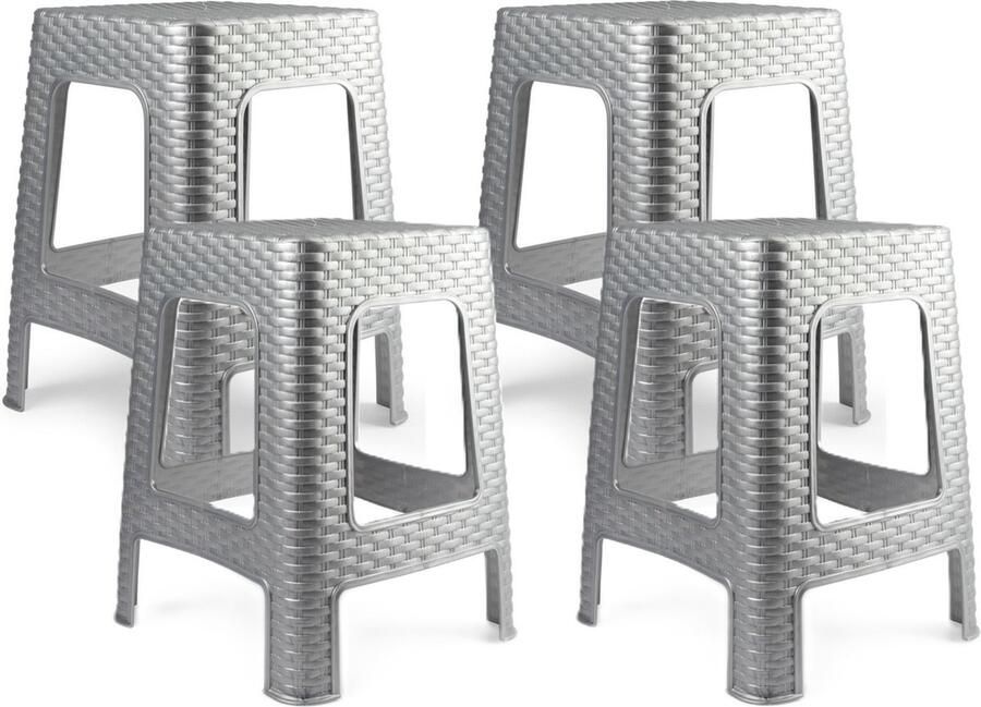 PLASTICFORTE zit bijzet krukje 4x Rotan line zilvergrijs kunststof 36 x 36 x 45 cm opstapje