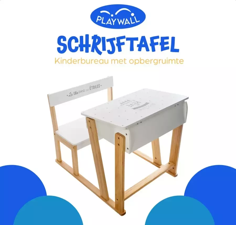 Playwall Schrijftafel – Lessenaar – Kindertafel – Speeltafel – Kinderbureau – Bureau – Kindertafeltje hout – Kindertafel en stoeltjes – Kindertafel met opbergruimte –Kinder meubel –Tafel met stoeltje – L58xB79xH63.5 cm Hout Wit - Foto 2