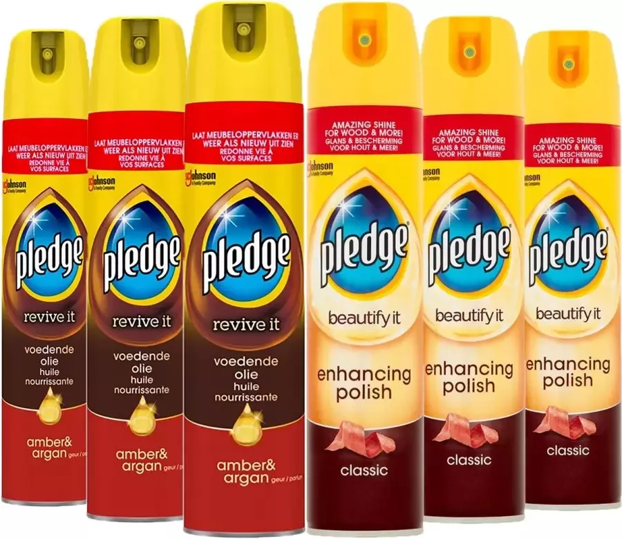 Pledge revive it Voedende Olie + beautify it Classic Spray 3x250ml Meubelolie + 3x250ml enhancing polish classic spray