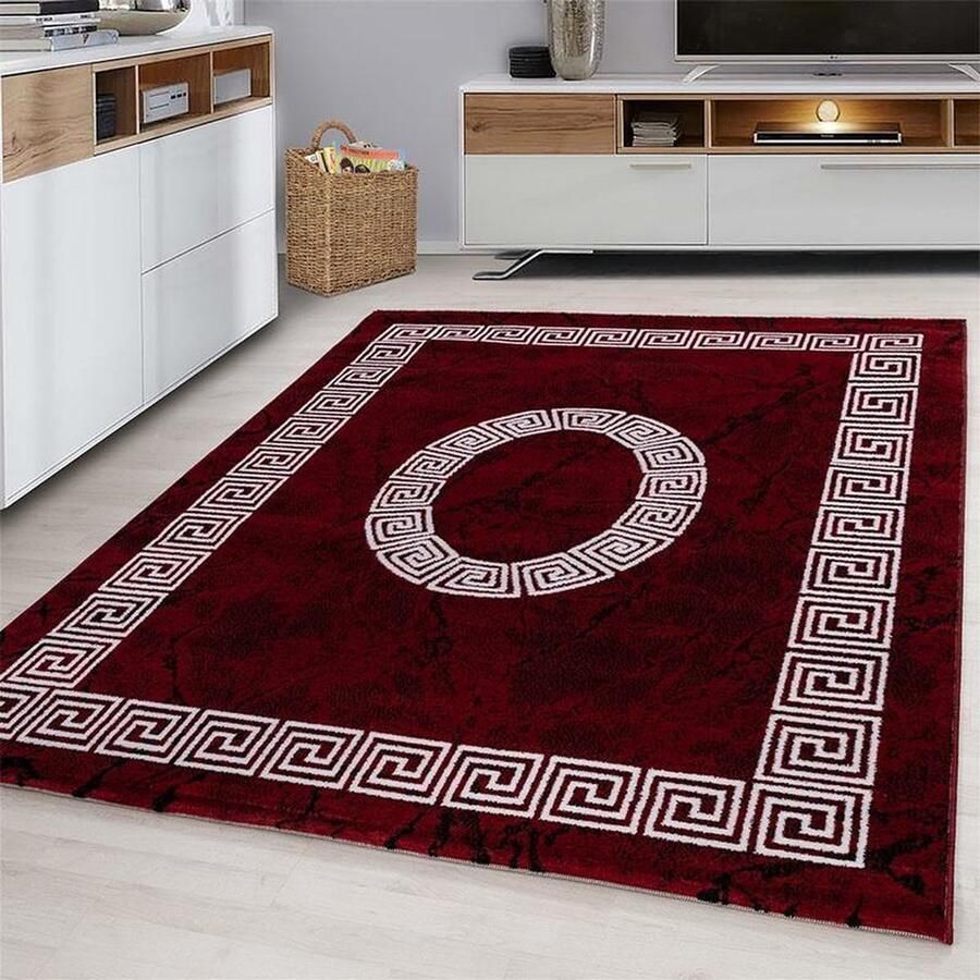 Plus Laagpolig vloerkleed met meanderpatroon rood geschikt voor de woonkamer met jute achterkant afmeting: 80 x 150 cm - Foto 2
