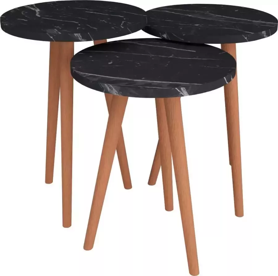 Pochon Home Bijzettafel met Houten Poten Zwart Marmer Set van 3 Bijzettafel Rond
