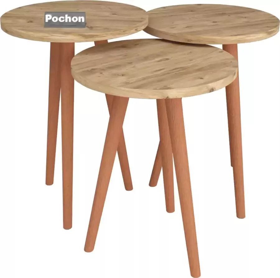 Pochon Home Bijzettafel met Houten Poten Pijnboom Set van 3 Bijzettafel Rond