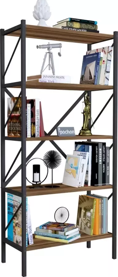 Pochon Home Boekenkast Industrieel Walnoot 5 Planken 160x66x34 Boekenrek Kast Opbergkast Demeter