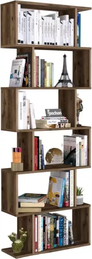 Pochon Home Boekenkast Zigzag met 6 Vakken Bruin Design Boekenrek Kast Opbergkast Zeus